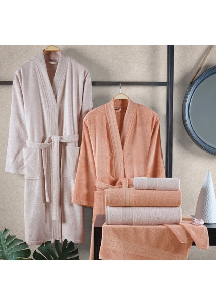 Sera - Pamuklu Bornoz Seti - Şeftali Bej