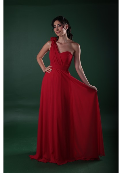 Kalp Yaka Çiçek Detaylı Şifon Tek Omuz Abiye Elbise fiyatları