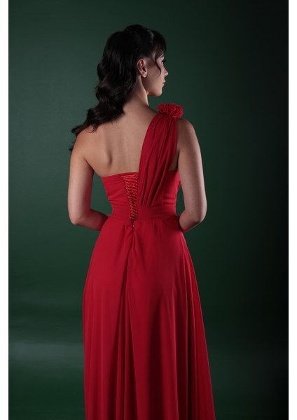 Kalp Yaka Çiçek Detaylı Şifon Tek Omuz Abiye Elbise indirimleri