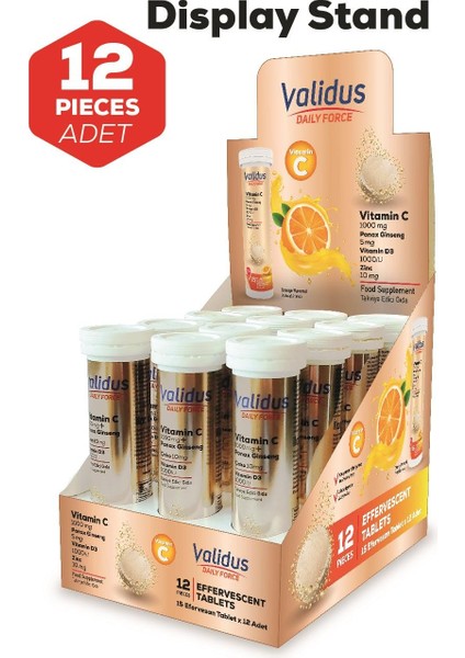 Daily Force Vitamin C Panax Ginseng Zinc Vitamin D3 15 Effervescent Tablets 12 Stand