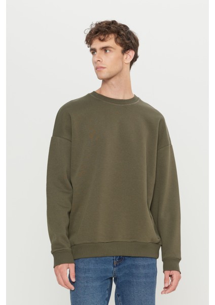 Erkek Haki Oversize Fit Bol Kesim Pamuklu Içi Polarlı 3 Iplik Bisiklet Yaka Sweatshirt