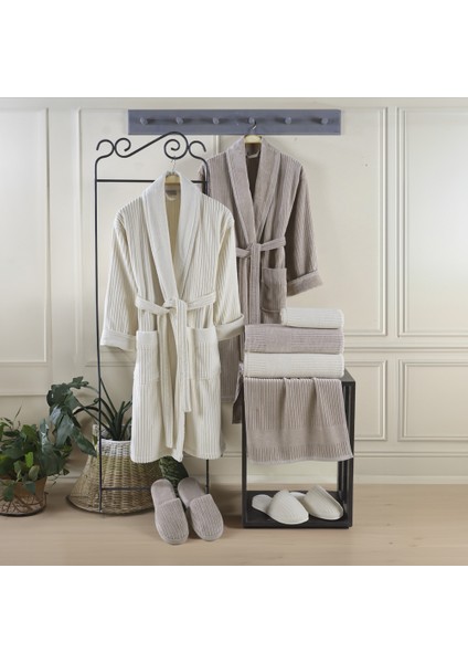 Lussa - Pamuklu Bornoz Seti - Krem S. Kahve