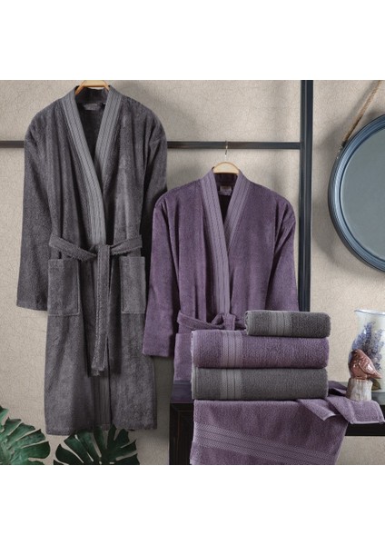 Sera - Pamuklu Bornoz Seti - Mürdüm Koyu Gri