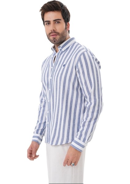 Erkek Regularfit Nakışlı Çizgili %100 Pamuk Gömlek