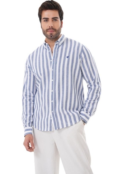 Erkek Regularfit Nakışlı Çizgili %100 Pamuk Gömlek
