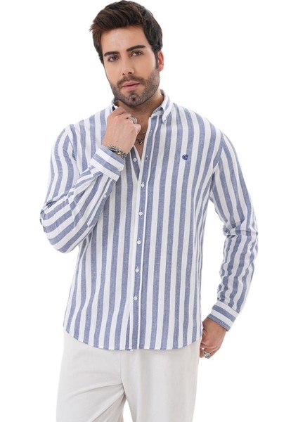 Erkek Regularfit Nakışlı Çizgili %100 Pamuk Gömlek