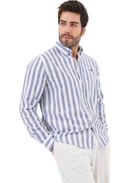 Erkek Regularfit Nakışlı Çizgili %100 Pamuk Gömlek