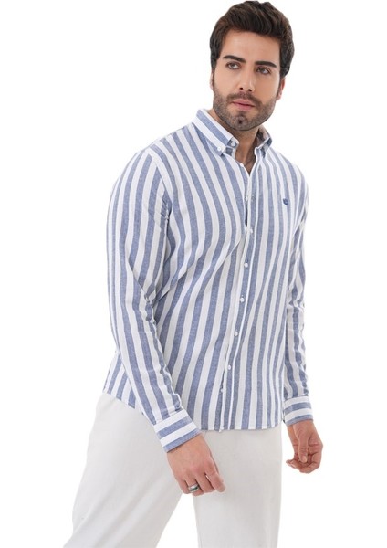 Erkek Regularfit Nakışlı Çizgili %100 Pamuk Gömlek