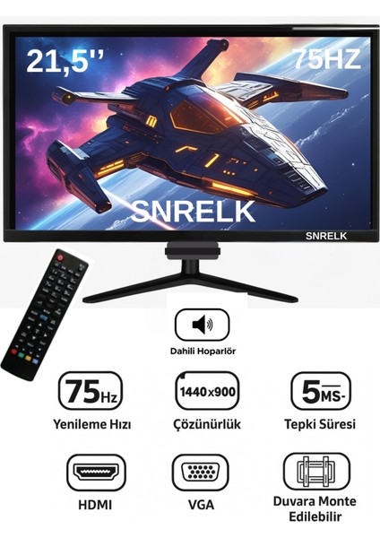 21,5" Sesli Dahili Hoparlör 12V (Kumandalı) Geniş Ekran 75 Hz 5ms (Vga,hdmı) LED Monitör