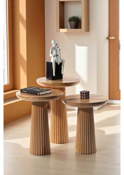 Ahşap Masif Mantar Sehpa 3’lü Set – Tütün Renk Doğal Zigon Sehpa Takımı