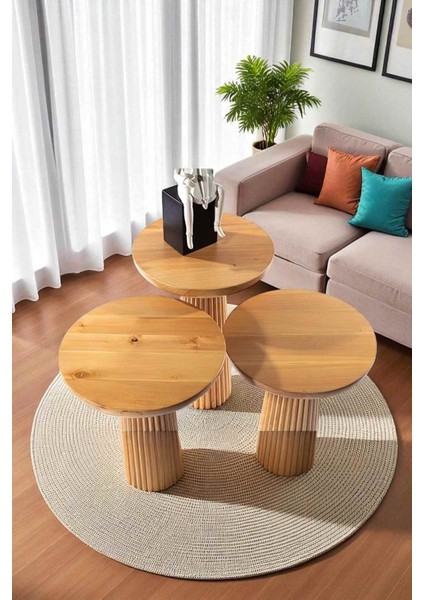 Ahşap Masif Mantar Sehpa 3’lü Set – Tütün Renk Doğal Zigon Sehpa Takımı modelleri