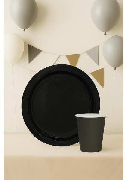Karton Tabak Bardak Set Doğum Günü Parti Seti Siyah 8 Adet
