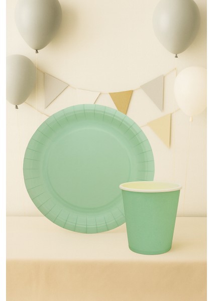 Karton Tabak Bardak Set doğum Günü Parti Seti Mint Yeşil 8 Adet