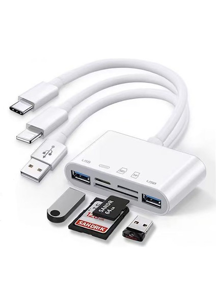 Zore All Round 5in1 Type-C & Lightning & USB Çıkışlı Otg Hafıza Kart Okuyucu