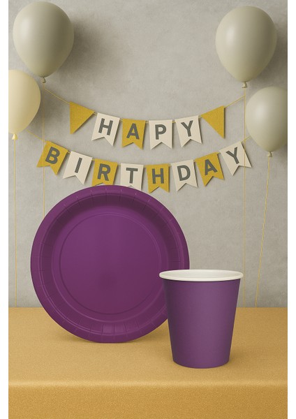 Karton Tabak Bardak Set Doğum Günü Parti Seti Mor 8 Adet