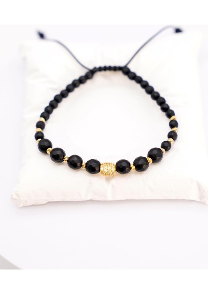 Ayarlanabilir Siyah Oniks Taşlı 14 Ayar Altın Dorika Detaylı Bileklik – Şık ve Unisex Tasarım