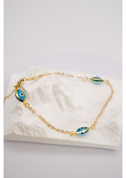 14 Ayar Altın Nazar Boncuklu Bileklik – 20 cm Zarif Zincirli Şık ve Anlamlı Altın Aksesuar