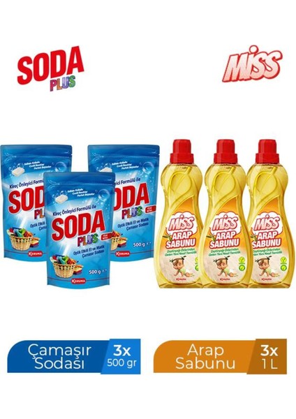 Miss Arap Sabunu 1000 ml x 3 Adet + Soda Plus 500 ml x 3 Adet