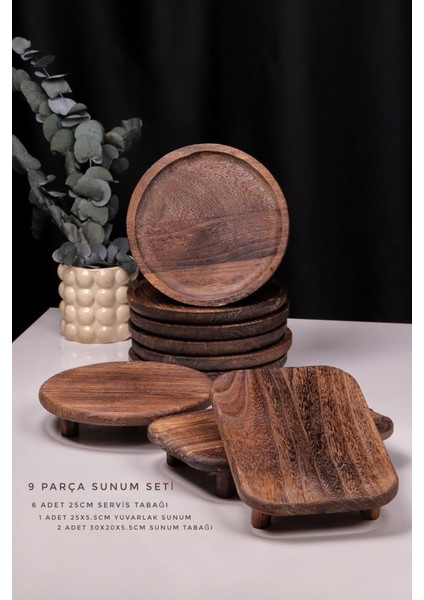9 Parça Pavlonya Rustic Ahşap Sunum Seti – Yuvarlak ve Dikdörtgen Ayaklı Servis Tabakları