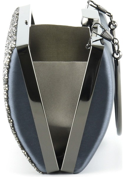 Antrasit Saten Kristal Granül Taşlı Metal Saplı Abiye El Çantası