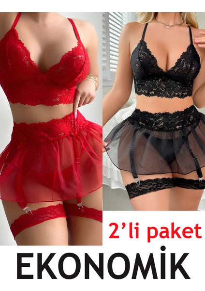 Kadın 2' Li Ekonomik Paket Gecelik Kırmızı-Siyah Fantezi Gecelik Jartiyer Şık Tül Iç Çamaşırı Takımı