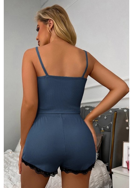 Kadın Lacivert Alt ve Üst Dantel Detaylı Şortlu Gecelik Takımı fiyatları