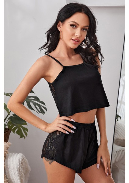 Kadın Siyah Arkası Komple Dantel Şortlu Gecelik Takım
