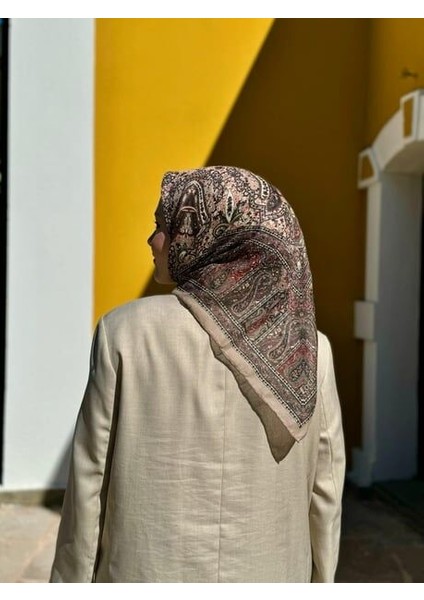 Soft Pamuk Etnik Desen Eşarp Vizon