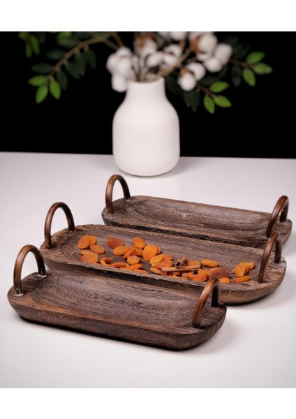 3 Parça Pavlonya Deepwood Ahşap Sunum Seti – Kulplu Dikdörtgen Servis Tabakları