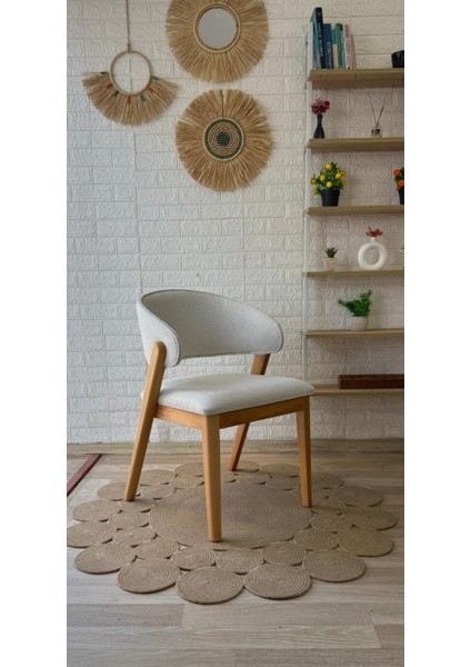 Concept Ay Sandalye Teddy Krem Desenli Kumaş Naturel Ahşap Sandalye