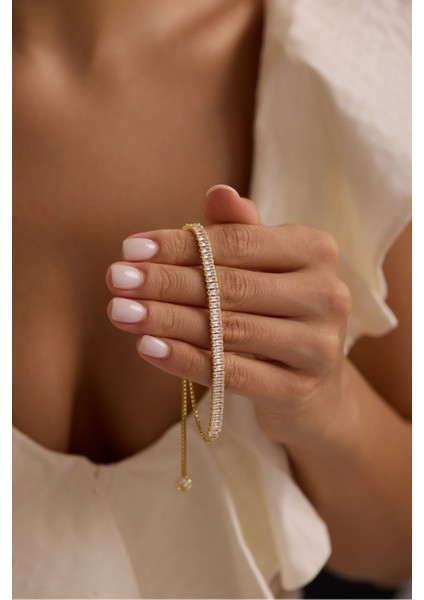 925 Ayar Gümüş Gold Kaplama Ayarlanabilir Asansörlü Su Yolu Sıralı Baget Taşlı Bileklik