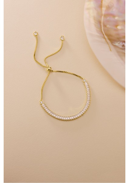 925 Ayar Gümüş Gold Kaplama Ayarlanabilir Asansörlü Su Yolu Sıralı Baget Taşlı Bileklik fiyatları