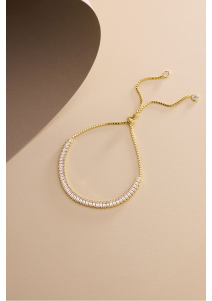 925 Ayar Gümüş Gold Kaplama Ayarlanabilir Asansörlü Su Yolu Sıralı Baget Taşlı Bileklik fırsatları