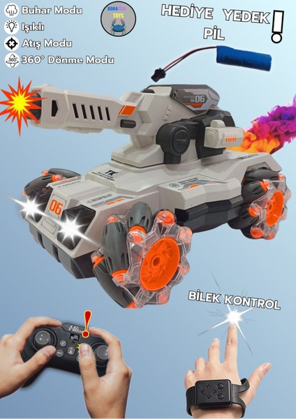 2.4ghz Uzaktan Kumandalı Tank - Duman Modlu, Atan, 360 Dönen, Parmak ve Kumanda Kontrollü