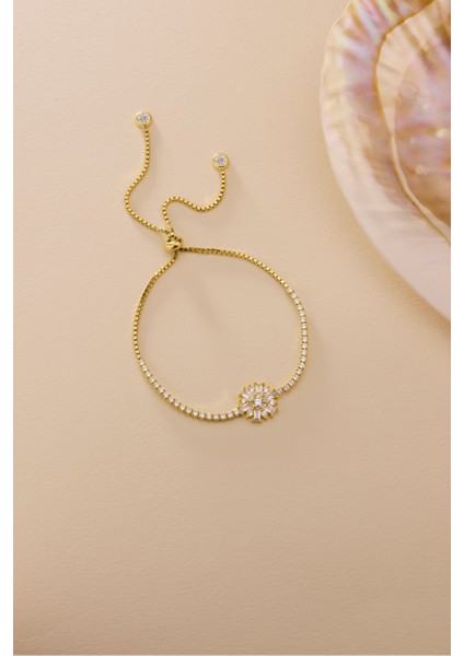 925 Ayar Gümüş Gold Kaplama Ayarlanabilir Asansörlü Su Yolu Çiçek Model Bileklik