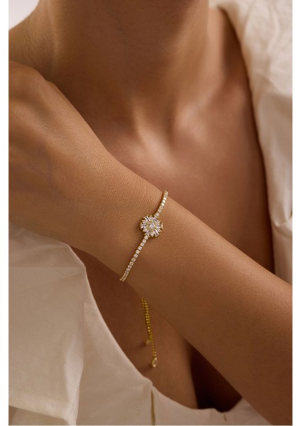 925 Ayar Gümüş Gold Kaplama Ayarlanabilir Asansörlü Su Yolu Çiçek Model Bileklik indirimleri