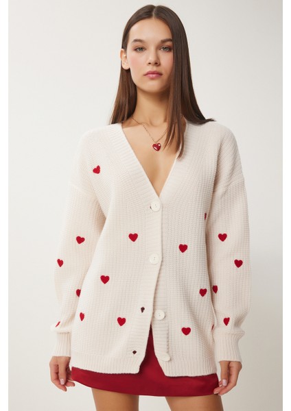 Kalp Dokulu Uzun Triko Hırka LKG0009 Krem fiyatları