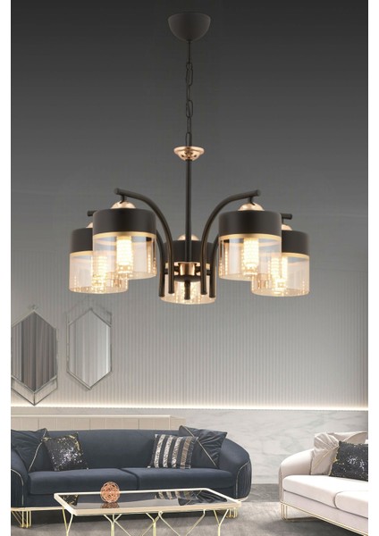 ESSLİGHT PELİN 5 Lİ SARKIT AVİZE BAL SİYAH CAMLI MODERN DEKORATİF AYDINLATMA