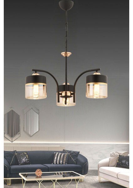 ESSLİGHT PELİN 3 LÜ SARKIT AVİZE BAL SİYAH CAMLI MODERN DEKORATİF AYDINLATMA