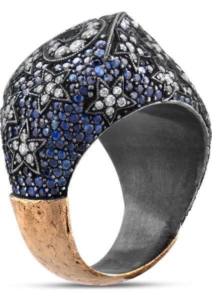 3.8 Karat Pırlanta Safir Yüzük, Ay Yıldız Figürlü, Gerçek Pırlanta, Sertifikalı Mücevher