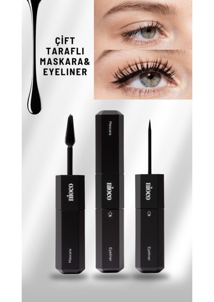 2in1 Çift Taraflı Maskara Eyeliner Hacim Veren Kıvırıcı Etkili Rimel Keçe Uçlu Eyeliner-Siyah fiyatları