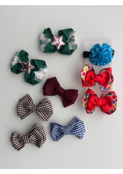 Kız Çocuk Saç Tokası Seti 9’lu – Kurdele Fiyonk Desenli Renkli