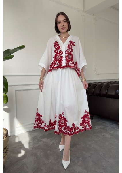 Nakışlı Bolero Etekli Takım- Bordo