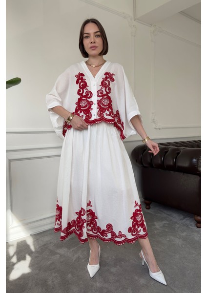 Nakışlı Bolero Etekli Takım- Bordo indirimleri