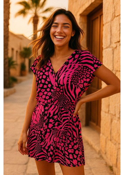 Kadın Fuşya Kazayağı Desenli V Yaka Plaj Elbisesi - Bel Büzgülü Yazlık Rahat Elbise fiyatları
