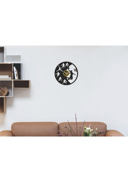 Dekoratif Duvar Saati Mat Siyah Ahşap Mdf 38X38CM Spor Basketbol Tasarım