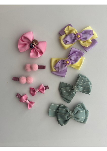 Kız Çocuk Saç Tokası Seti 9’lu – Kurdele Fiyonk Desenli Renkli