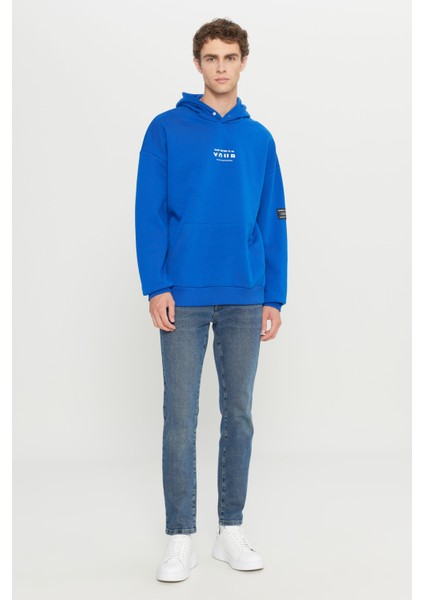 Erkek Mavi Oversize Fit Bol Kesim Kapüşonlu Içi Polarlı 3 Iplik Pamuklu Sweatshirt fiyatları
