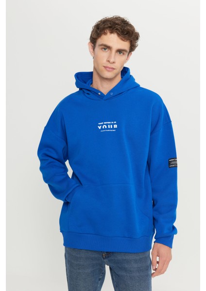 Erkek Mavi Oversize Fit Bol Kesim Kapüşonlu Içi Polarlı 3 Iplik Pamuklu Sweatshirt modelleri