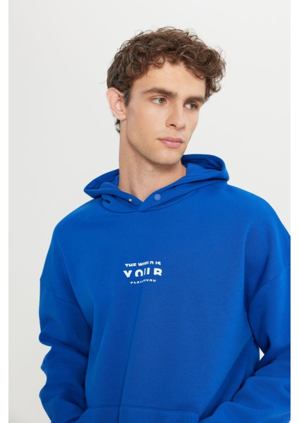 Erkek Mavi Oversize Fit Bol Kesim Kapüşonlu Içi Polarlı 3 Iplik Pamuklu Sweatshirt fırsatları